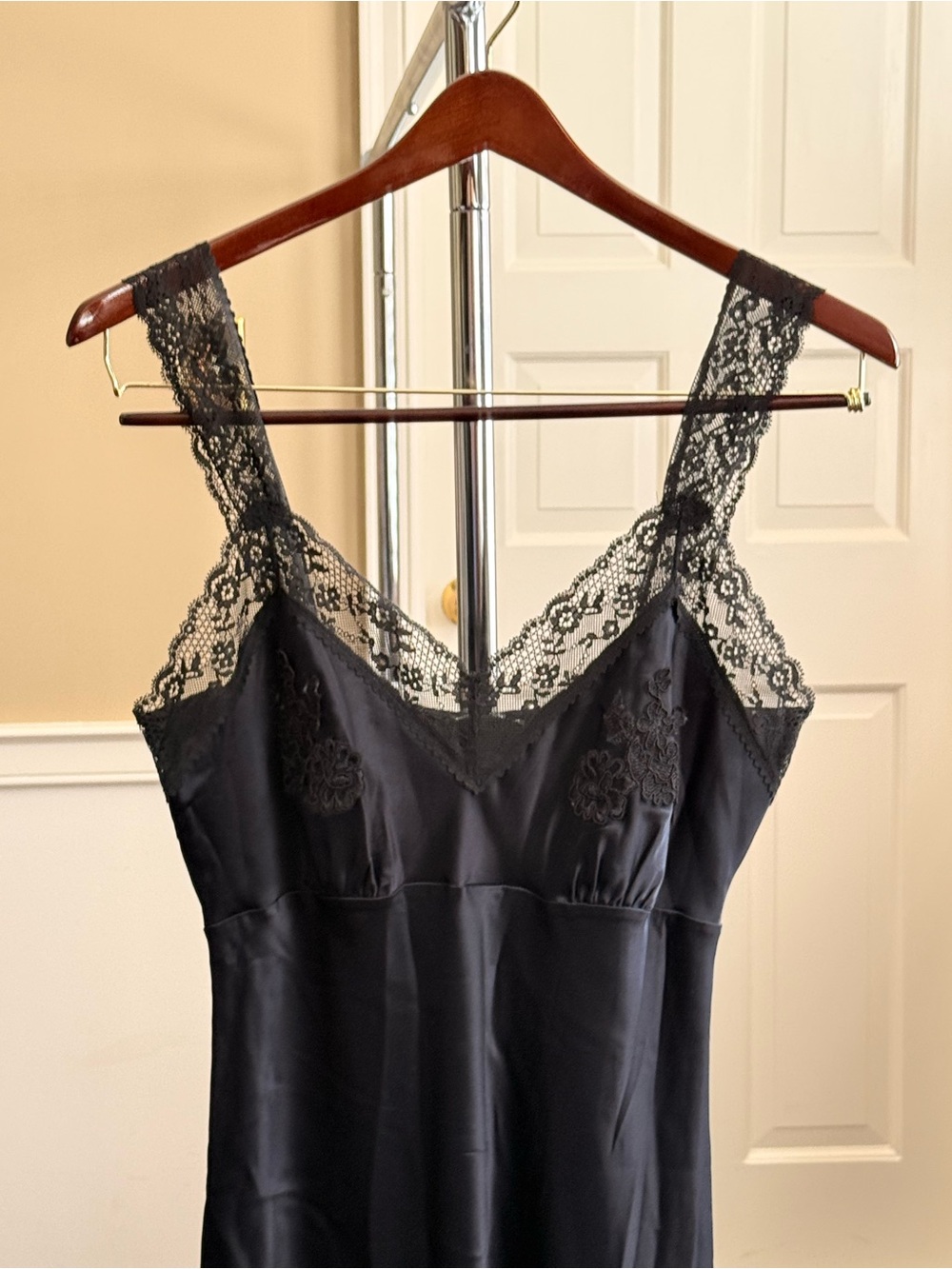 Real Silk Black Lace-Trim Slip Maxi Dress